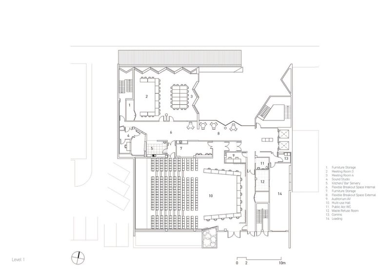 Floor plan drawing showing a large assembly hall with seating rows and adjacent meeting rooms