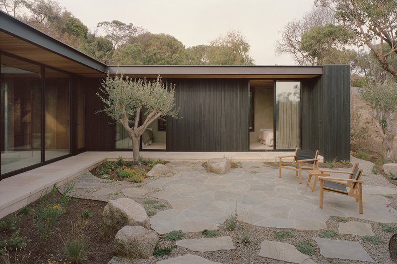 Internal courtyard with charred timber cladding, planted olive tree, and flagstone paving among boulders