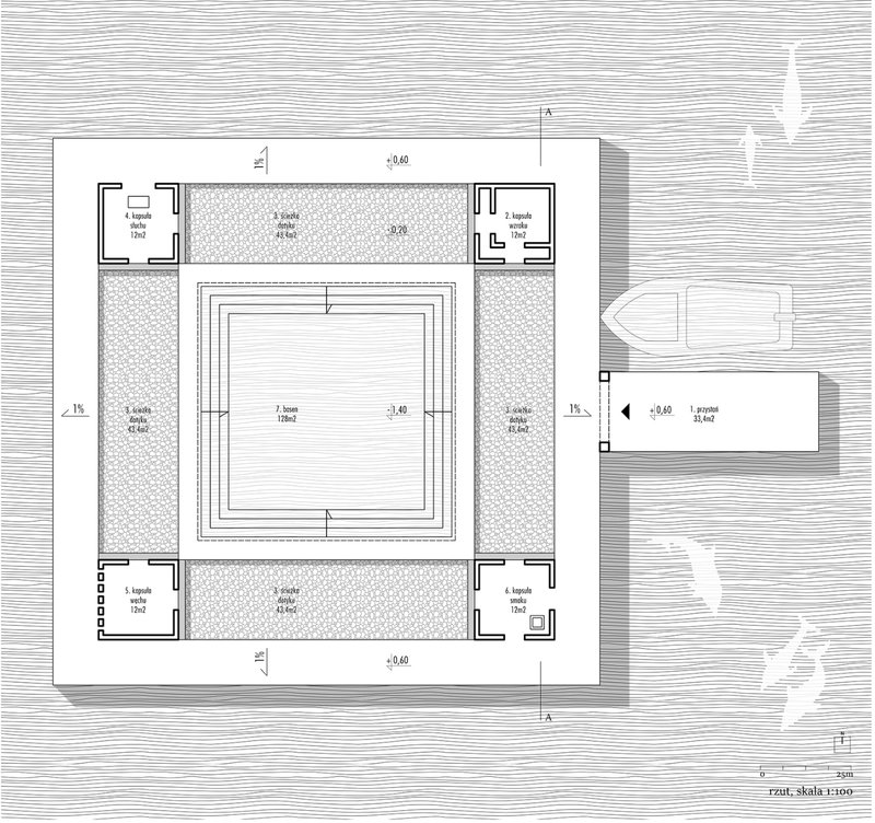 Spatial layout revealing a central water basin surrounded by sensory capsules orchestrating a sequential experience.