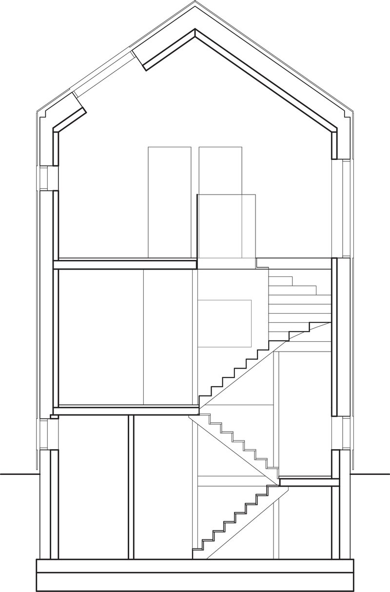 Section drawing revealing four levels connected by a central staircase within the pitched volume