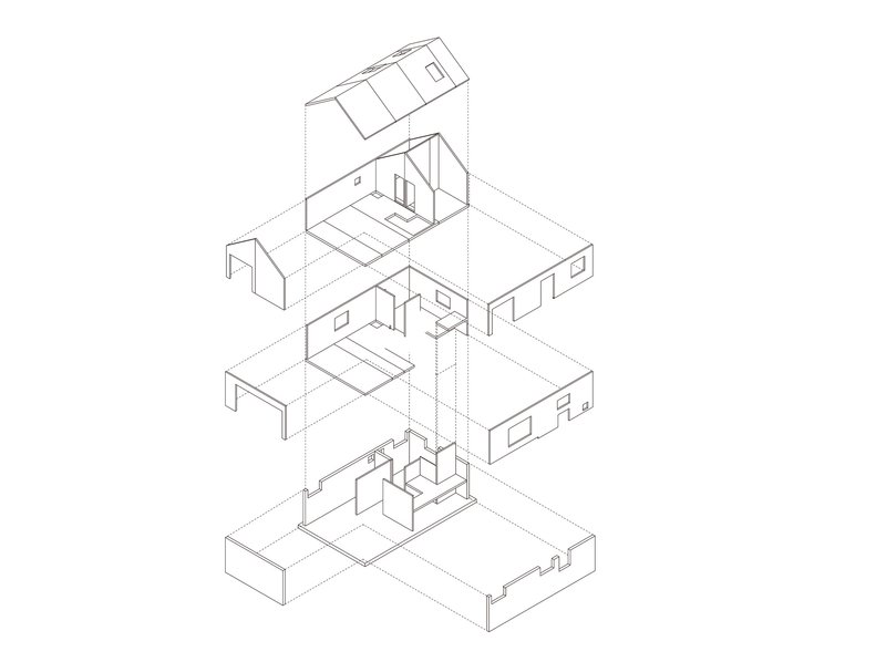 Exploded axonometric drawing showing stacked floor plates with interior rooms and stair connections