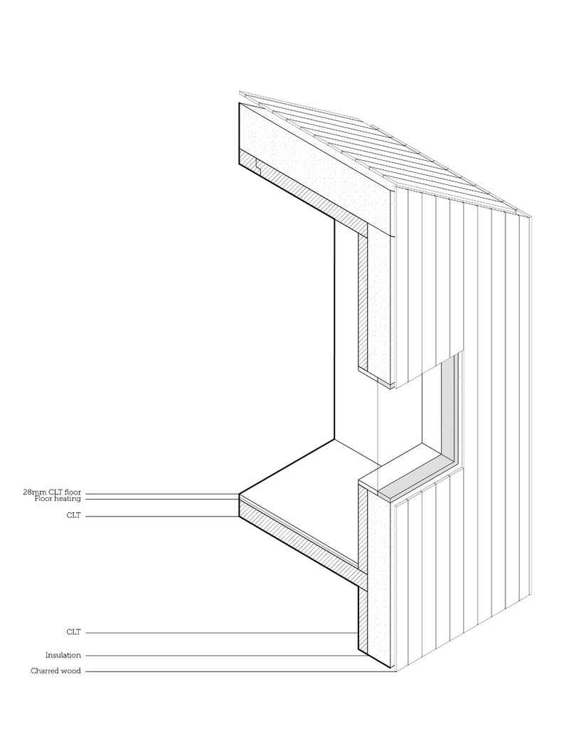 Detail drawing of a facade corner showing vertical cladding and floor assembly layers