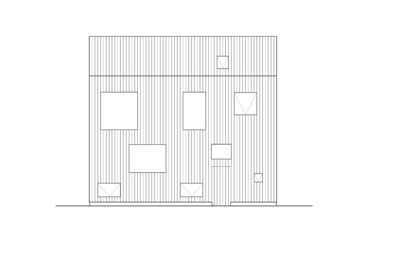 Front elevation drawing showing vertical cladding and asymmetric window openings