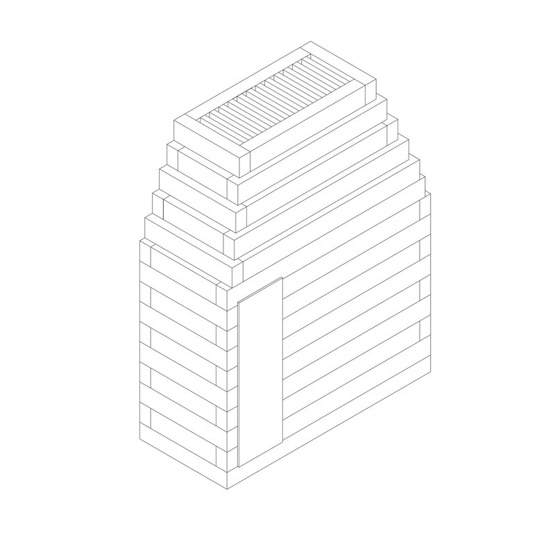 Axonometric drawing showing a stepped tower with horizontal banding and a recessed vertical slot
