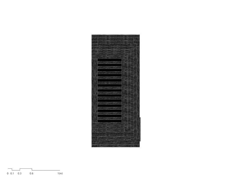 Elevation drawing showing a rectangular tower with horizontal vent slots and charred timber cladding pattern