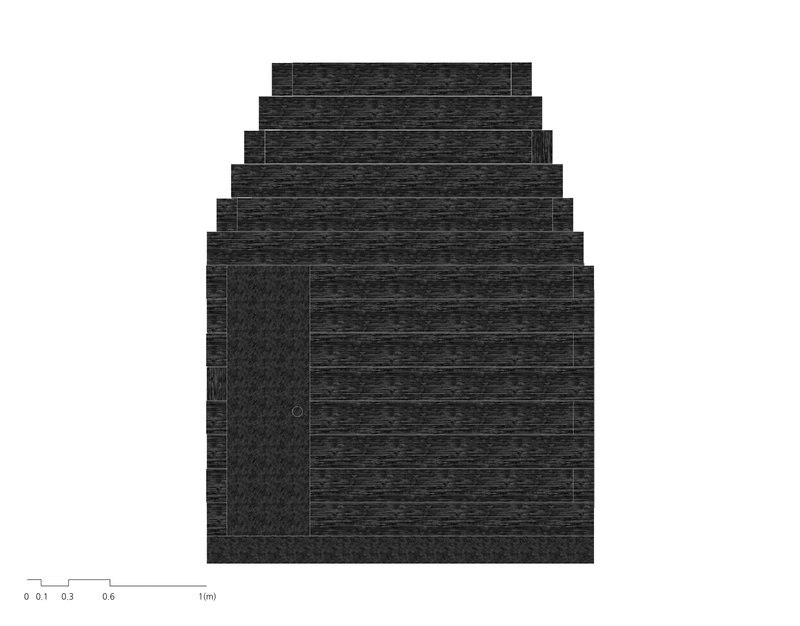 Floor plan drawing showing a stepped tower footprint with offset masses and a vertical shaft