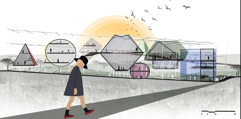 Adaptive architecture exterior with modular learning spaces connected through a dynamic, open circulation spine