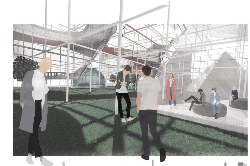 Adaptive architecture school exterior with modular learning volumes connected through a dynamic circulation spine