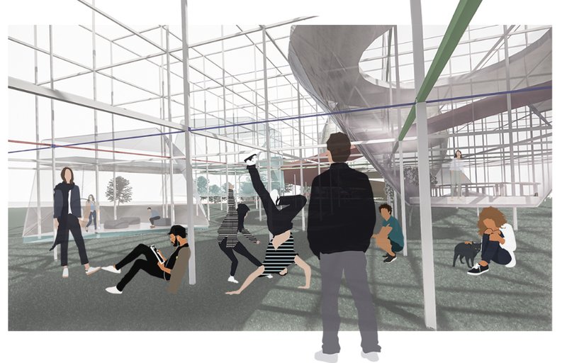 Interactive circulation pathway enabling movement, collaboration, and spatial adaptability in educational architecture
