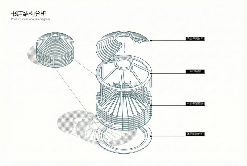 Axonometric diagram illustrating the layered roof structure with ribbed supports and circular base elements
