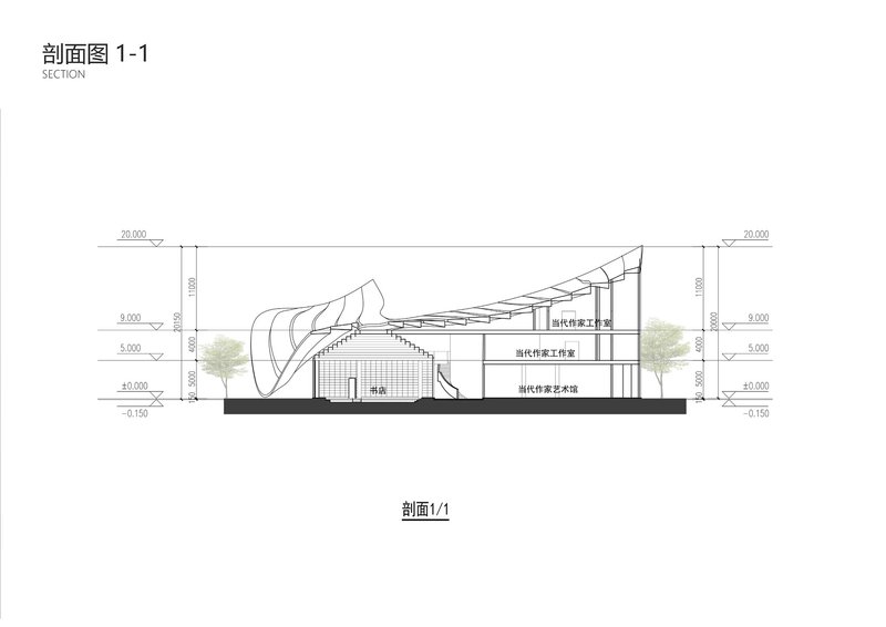 Section drawing revealing a flowing roof over multi-level interior spaces with adjacent trees