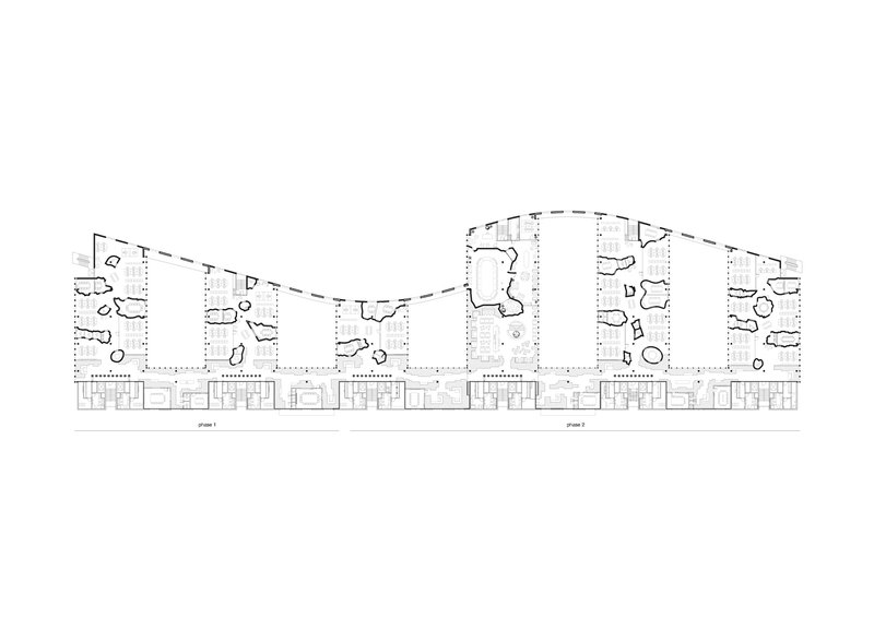 Section drawing showing multiple lobed volumes under a continuous curving roof with interior spaces below