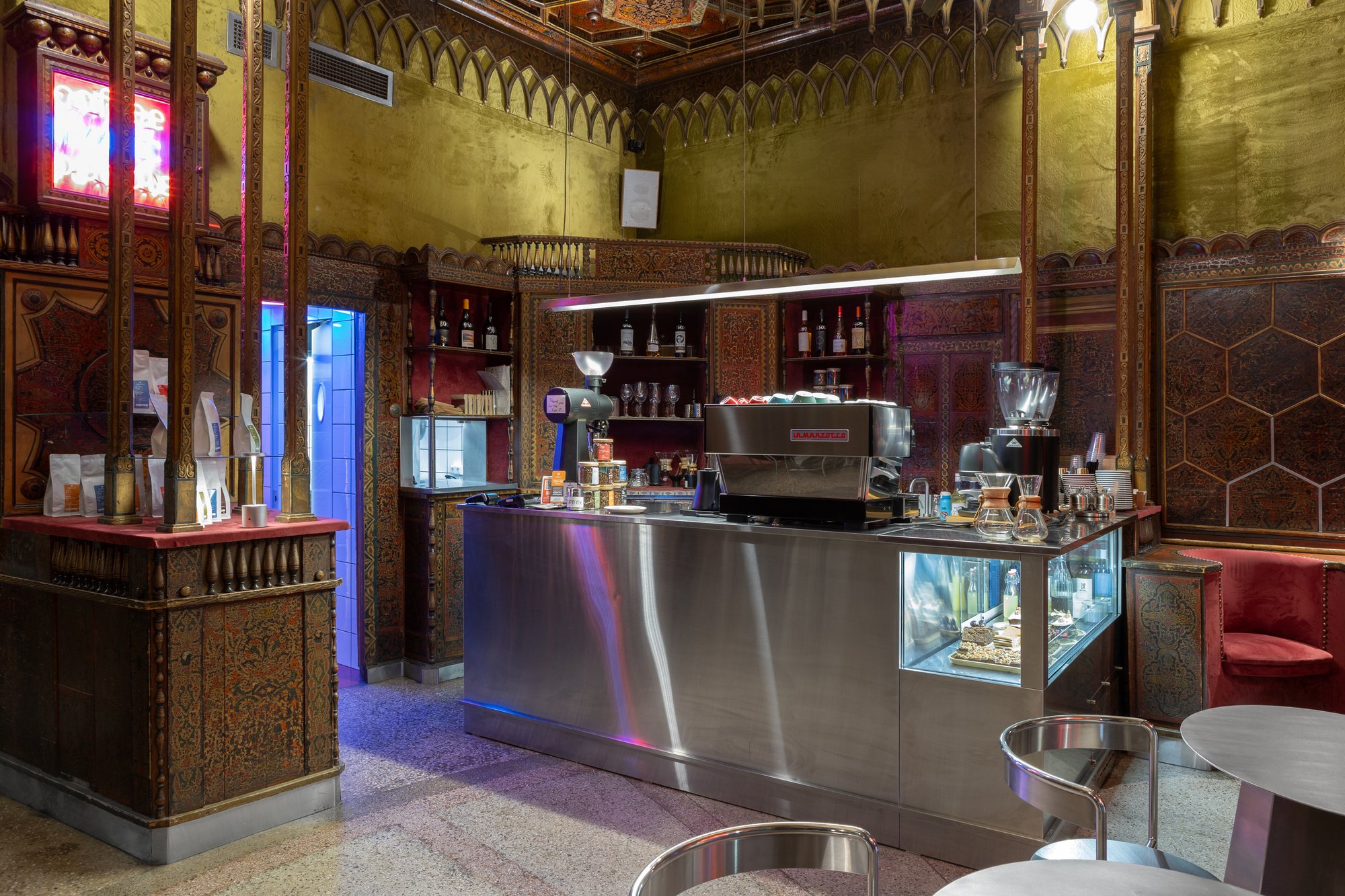 snkh studio Threads Stainless Steel Through Yerevan's Oldest Surviving Interior for Lumen Coffee 1936
