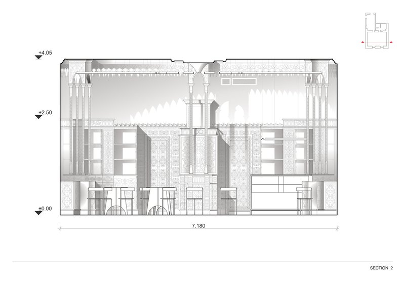 Section drawing revealing symmetrical interior with central ornamental portal and flanking shelving units