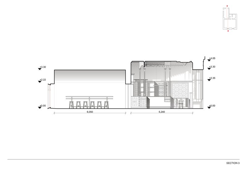 Section drawing displaying bar counter with stools on left and layered interior volumes on right