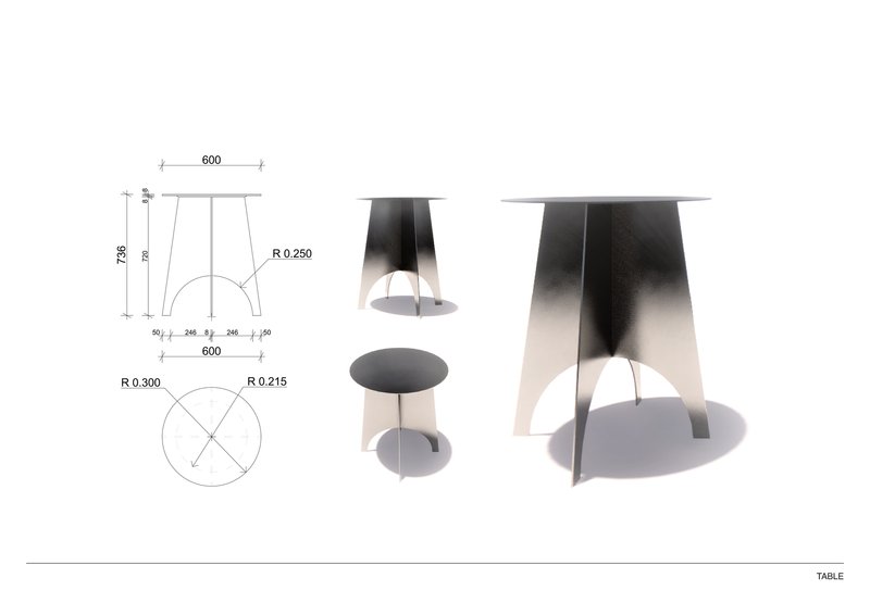 Technical drawing and photographs showing a round table with curved metal base and circular stool on white surface