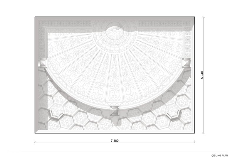 Ceiling plan drawing depicting radiating fan pattern with circular oculus and hexagonal tile surround