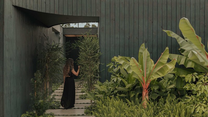 Vertical timber-clad facade with angular opening framing a pathway planted with banana palms and grasses