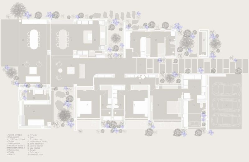 Site plan drawing showing residential layout with interior rooms and landscaped planting zones indicated throughout