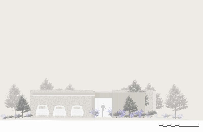 Elevation drawing depicting a horizontal structure with three garage doors and a central entrance framed by trees