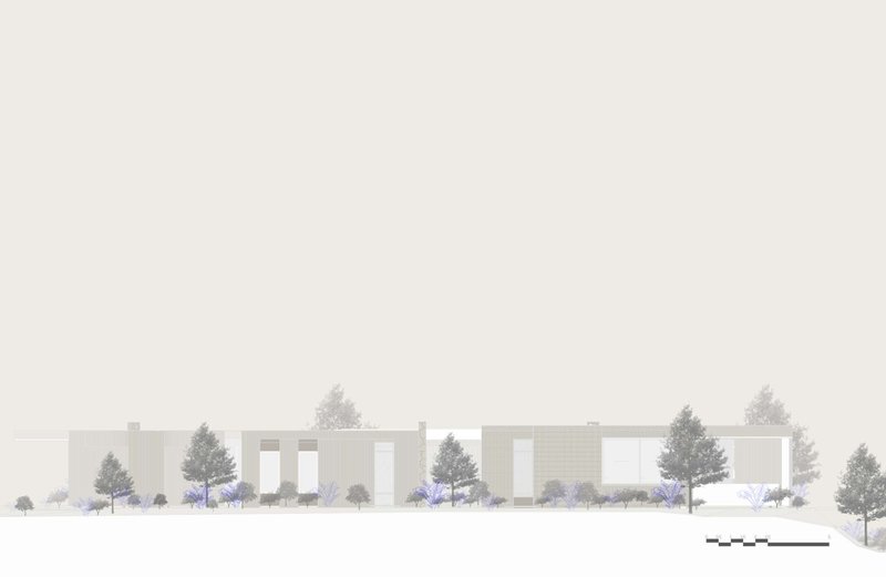 Elevation drawing showing a low horizontal building with vertical window openings set among evergreen trees