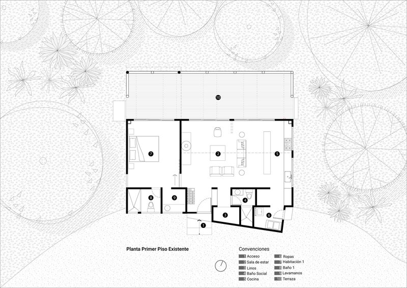 Floor plan drawing showing open living and dining area with bedrooms and terrace surrounded by tree canopies