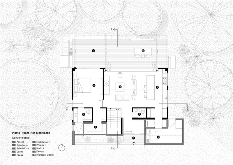 Floor plan drawing showing modified first floor layout with terrace and stair connecting interior spaces