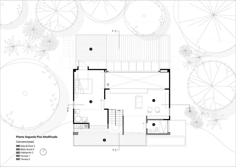 Modified second floor plan drawing showing bedroom bathroom and terrace with striped decking notation