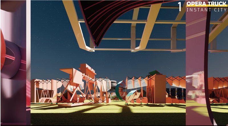 Modular architecture installation forming a dynamic Instant City landscape with deployable cultural infrastructure