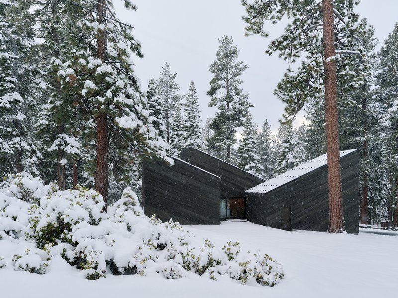 Dark stained wood exterior with snow dusted roofs and planted shrubs in winter conditions