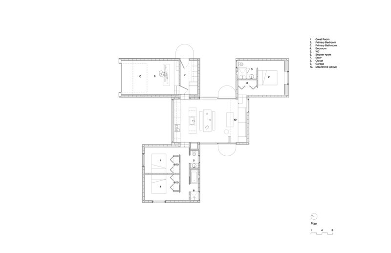Floor plan drawing showing interconnected rectangular volumes arranged in a pinwheel configuration
