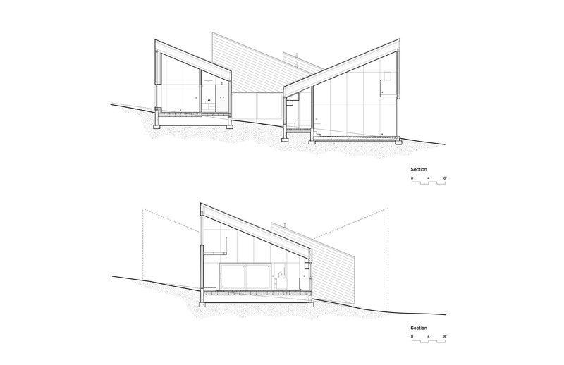 Section drawings revealing sloped rooflines and split-level interior spaces