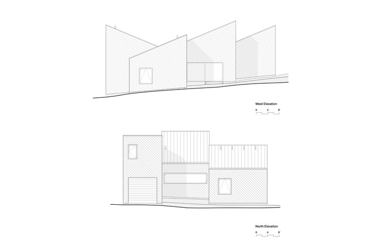 West and north elevation drawings showing staggered volumes with varied cladding patterns