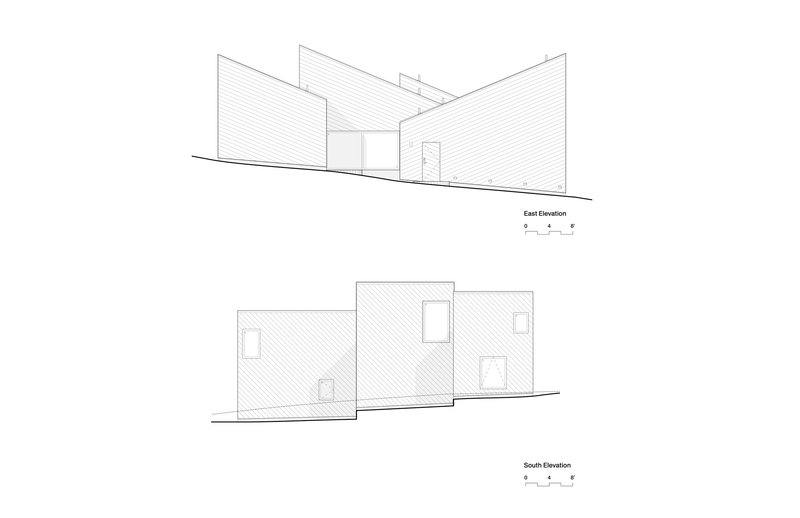 East and south elevation drawings depicting offset volumes with hatched wall surfaces