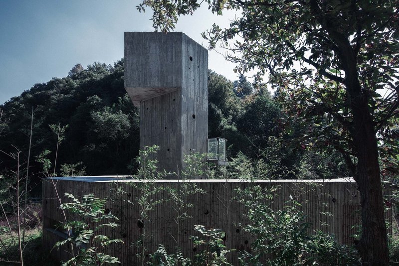 Vertical concrete tower behind a horizontal timber-clad fence partially obscured by vegetation