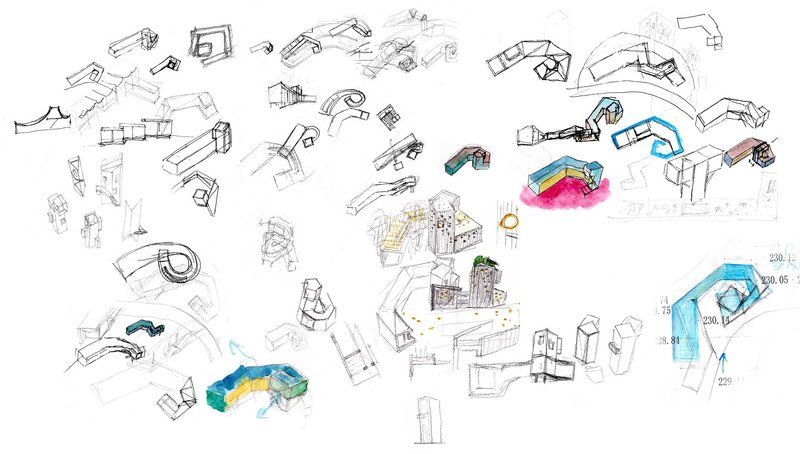 Sketch drawing collection showing conceptual design iterations with colored watercolor highlights on select volumes