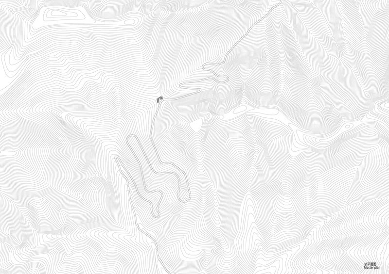 Topographic site drawing showing contour lines across mountainous terrain with building footprint indicated