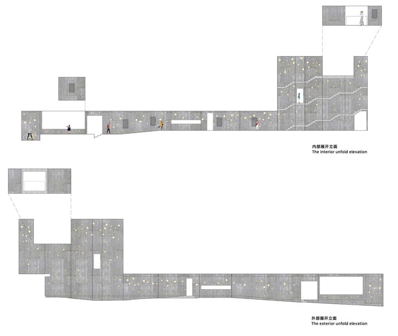 Unfolded interior and exterior elevation drawings showing concrete walls with scattered apertures and figures