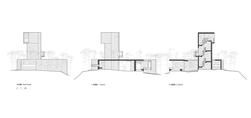 Elevation drawings showing three facades with tower volumes set into a sloping hillside