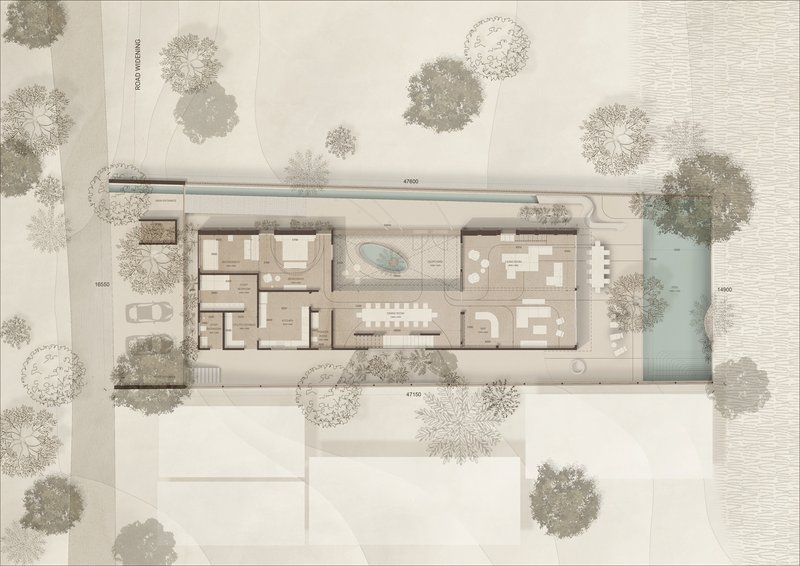 Ground floor plan drawing depicting rooms arranged around a central pool with tree-lined perimeter and waterfront edge