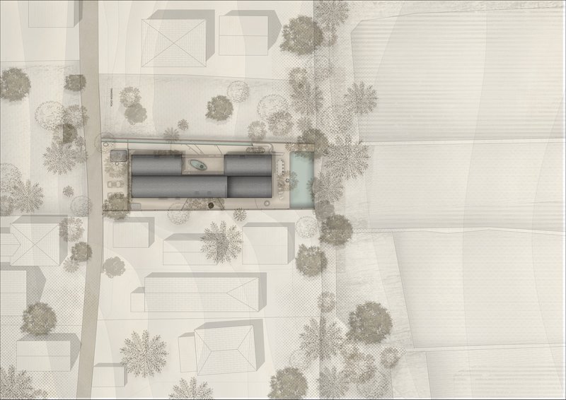 Site plan drawing showing the residence nestled between neighboring structures with trees and landscaped courtyard