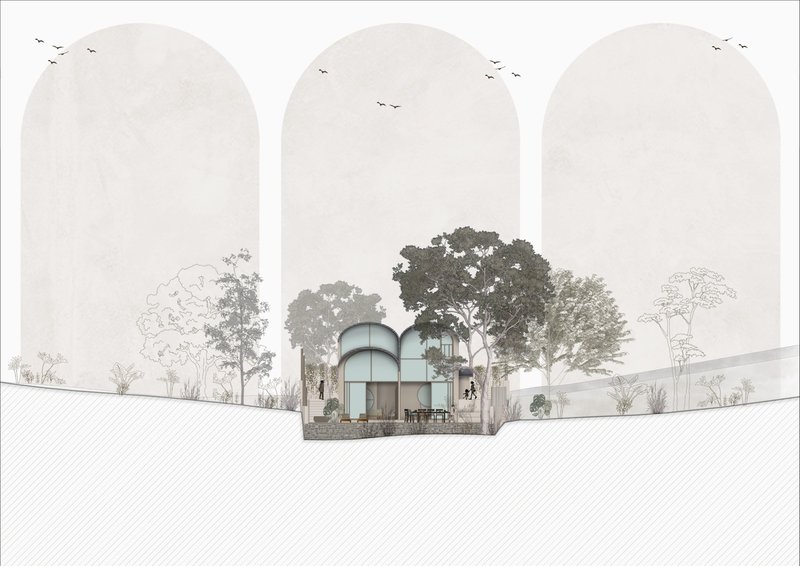 Section drawing showing the arched volumes beneath three vaulted openings with trees and birds in the sky