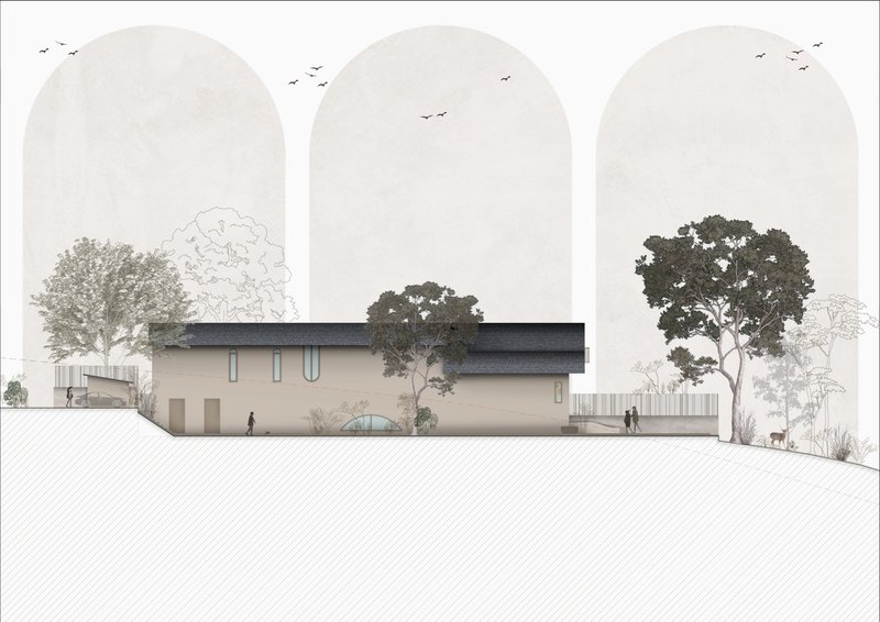 Elevation drawing of a cream-colored structure with dark roof beneath three large arched vignettes and trees