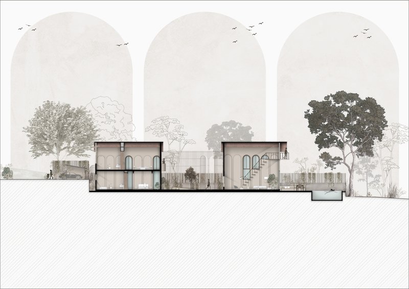 Section drawing revealing split-level interior spaces with arched windows and connecting courtyard between two volumes