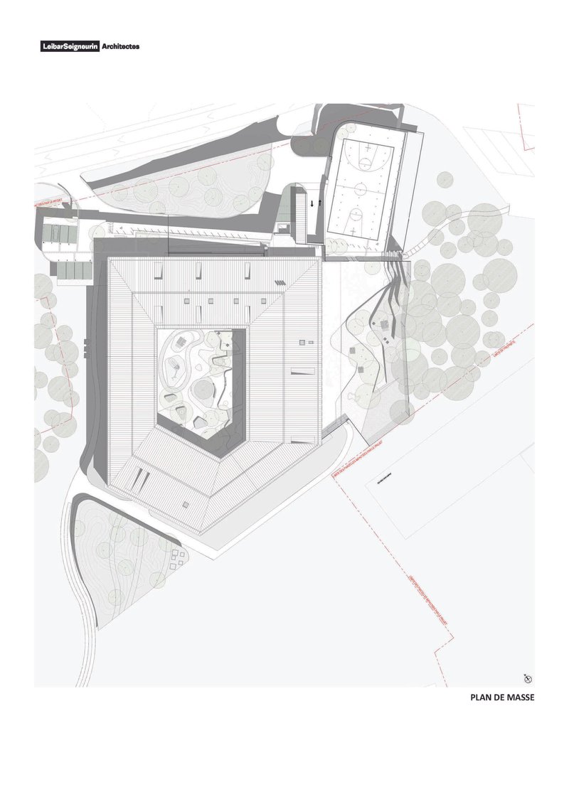 Site plan drawing showing building footprints, courtyard spaces and surrounding landscape with trees