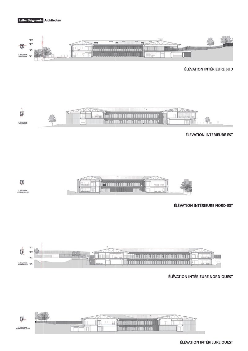 Interior elevation drawings showing the long horizontal building with exposed structural frames and central glazed section with flanking trees