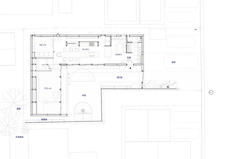 Ground floor plan showing living areas, kitchen, and courtyard with adjacent structures