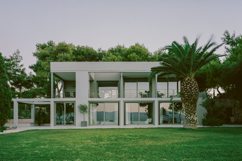 Garden elevation showing the frame structure with full-height glazing flanked by a mature palm tree