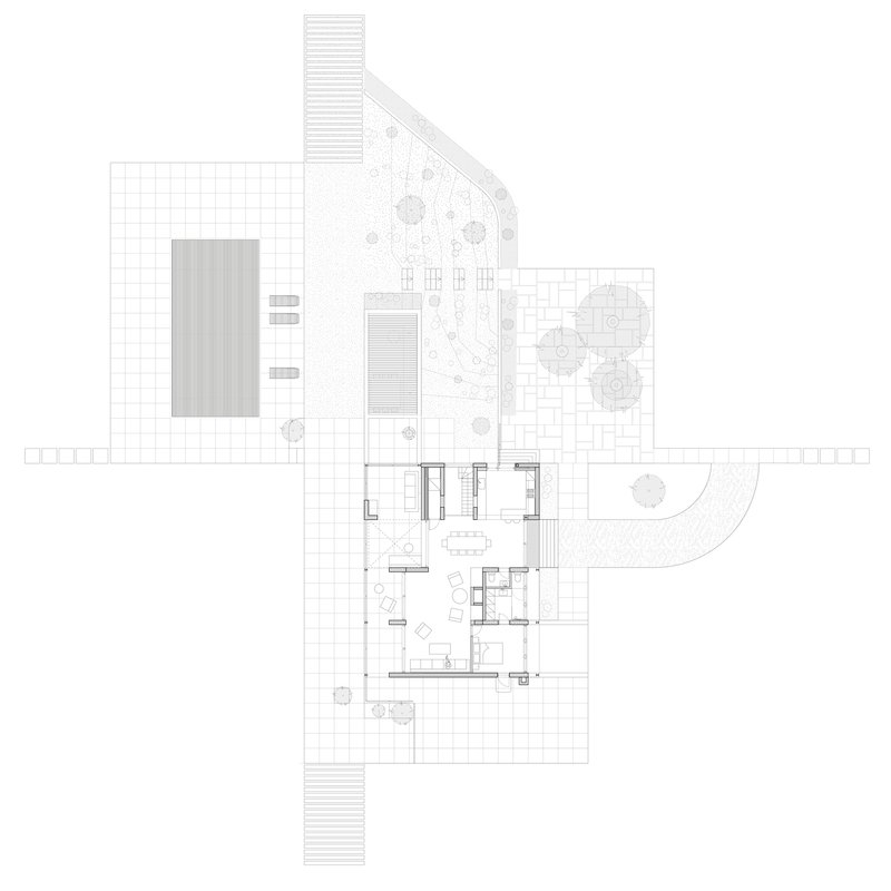 Floor plan drawing showing interior rooms, outdoor pool, and surrounding terraces with landscaping