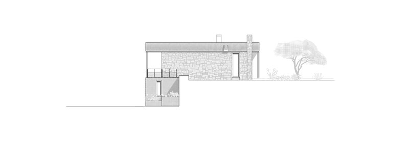 Elevation drawing showing stone wall facade with flat roof and adjacent tree
